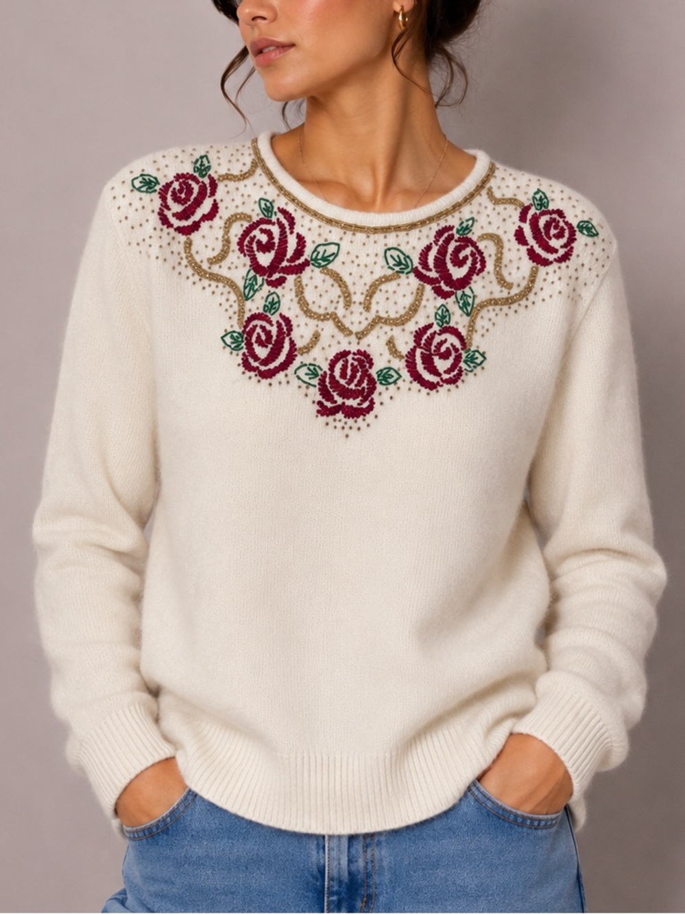 Vintage Principles Sweater Beaded Rose Lambswool Angora Warm Grandmacore